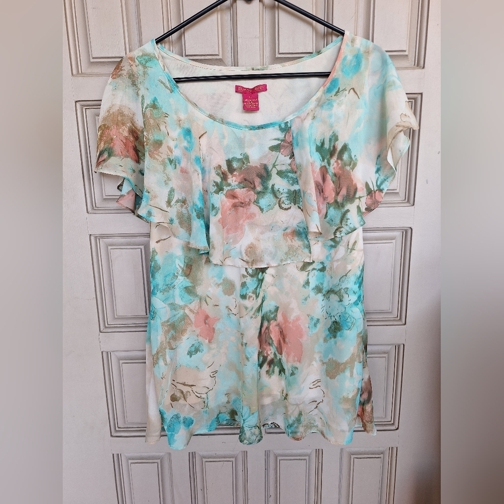 Sunny Leigh SzXlLPretty Pastel Ruffle Blouse Sleeveless Aqua Machine Wash
